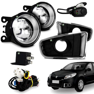 Kit Farol Auxiliar Milha Sandero 2012 2013 2014 Moldura Cromada Botao Colante