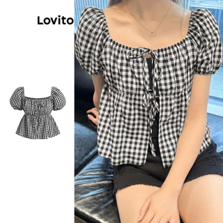 Lovito Blusa elegante de linha de estrutura geométrica frontal com gravata guinham para mulheres L100MD340
