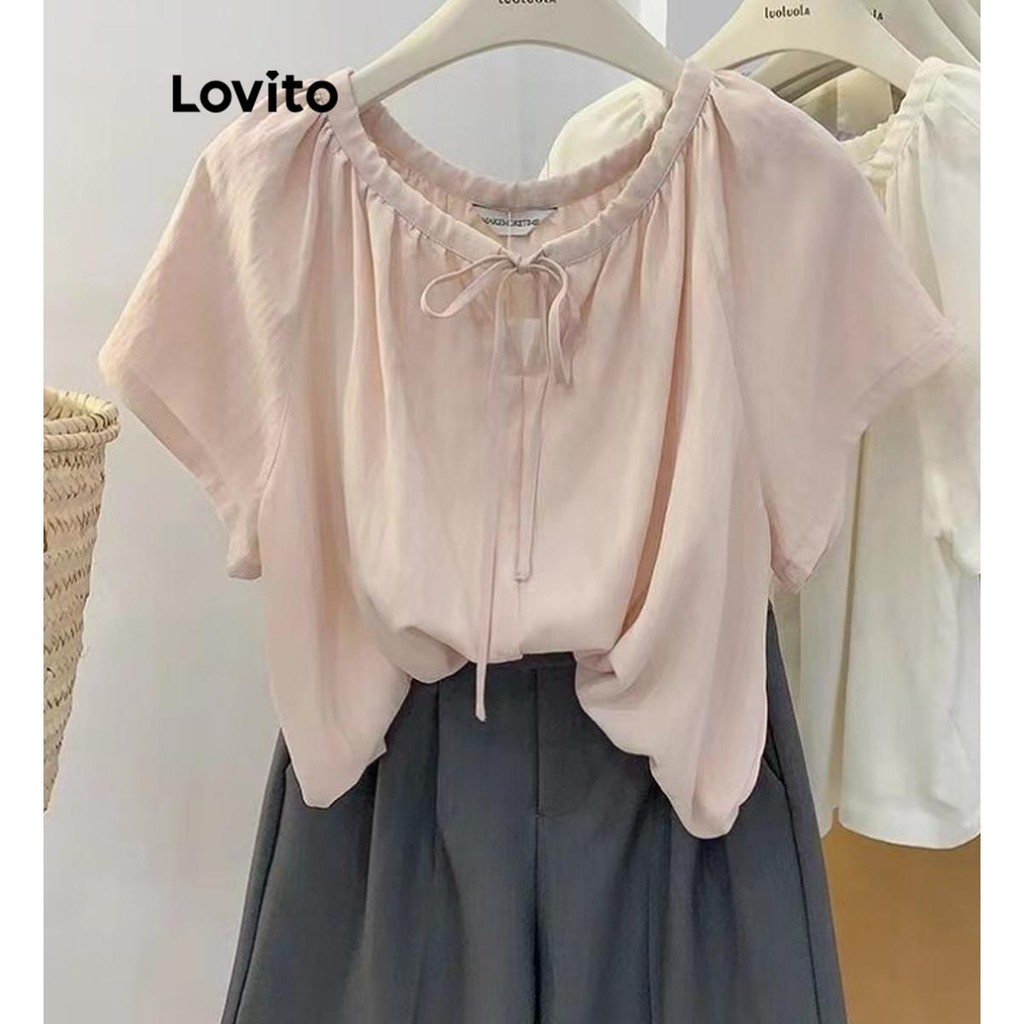 Lovito Blusa feminina elegante com renda lisa e franzida LNE72402