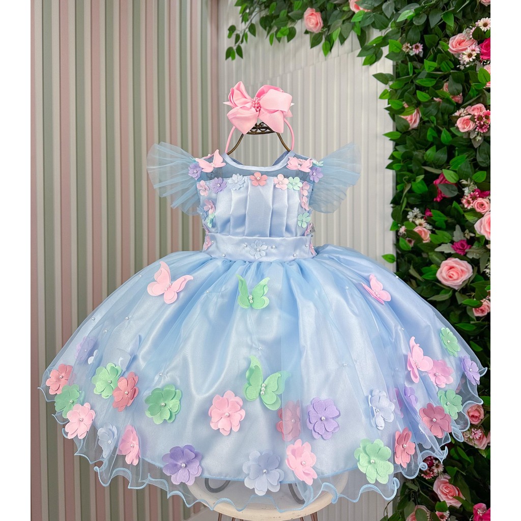 Vestido Infantil Jardim Encantado Jardim das Borboletas Azul Bebe