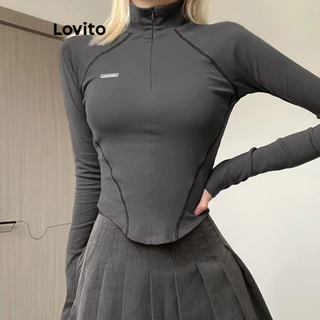 Lovito Camiseta esportiva feminina com zíper e estrutura lisa esportiva LNL56334