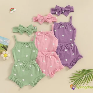 Baby Girls Summer 3Pcs Conjunto De Verão 3Pcs Romper Sem Mangas + Calção De Rufos + Fita De Cabeça