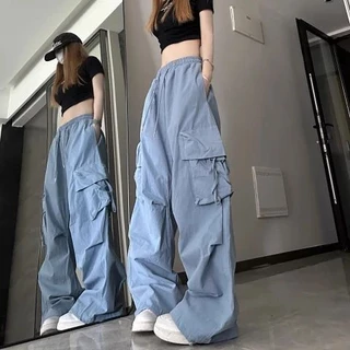 Macacão Americano Retro feminino Summer High Waist Straight Wide Leg Pants Design Niche Loose Casual Floor Mopping Calças