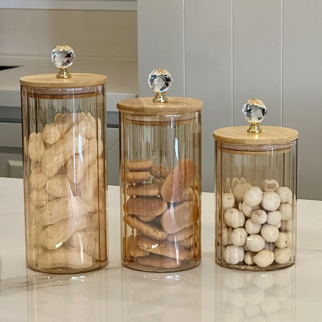Kit 3 Porta Mantimentos Vidro Canelado Âmbar Luxo - Vencedor