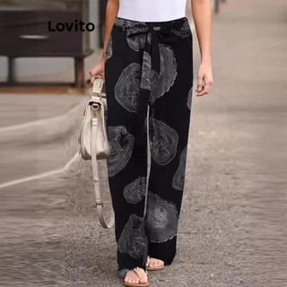 Lovito Calça casual tropical com cinto para mulheres LNL75384