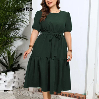 Lovito Vestido feminino plus size curvo elegante com babados e bainha com cinto LNL69148