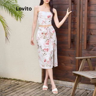Lovito Conjuntos de saia dividida com padrão floral elegante Ditsy para mulheres L99ED068
