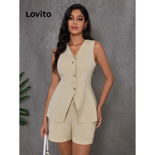 Lovito Conjuntos elegantes de shorts simples com botões para mulheres LBL16048