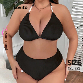 Lovito Plus Size Curve Sexy Plain Pure Color Conjuntos de biquíni Plus Size para mulheres LNL75039