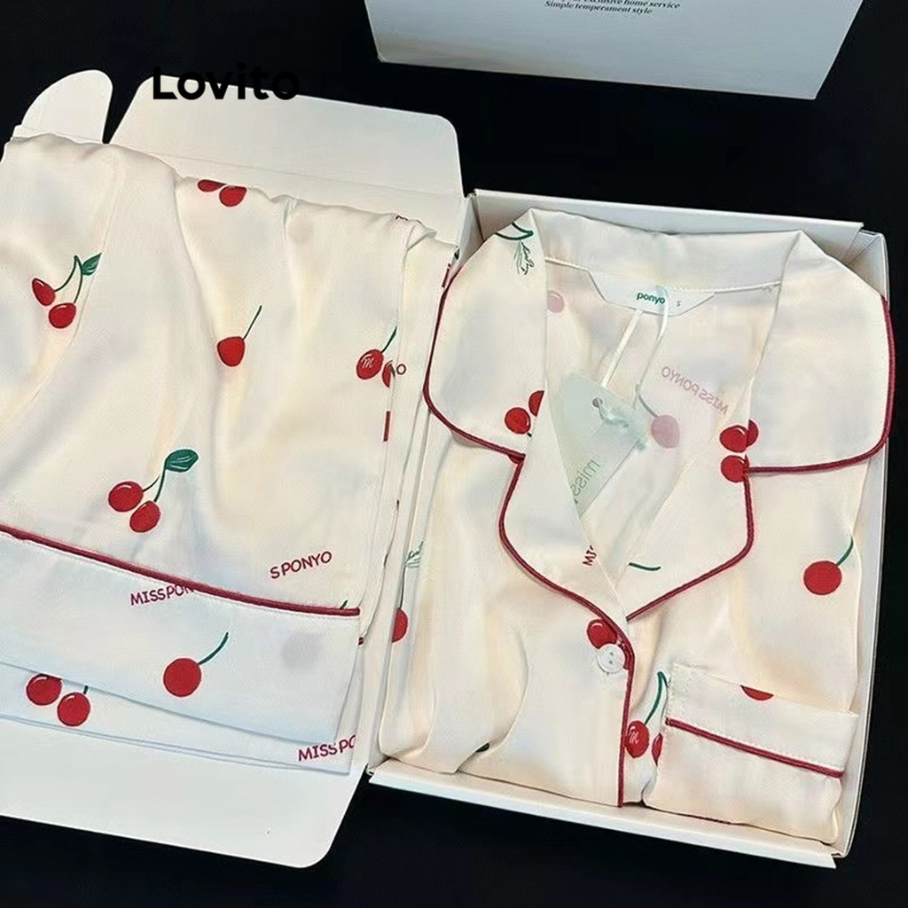Lovito Conjuntos de pijamas casuais com padrão simples para mulheres LNA79078