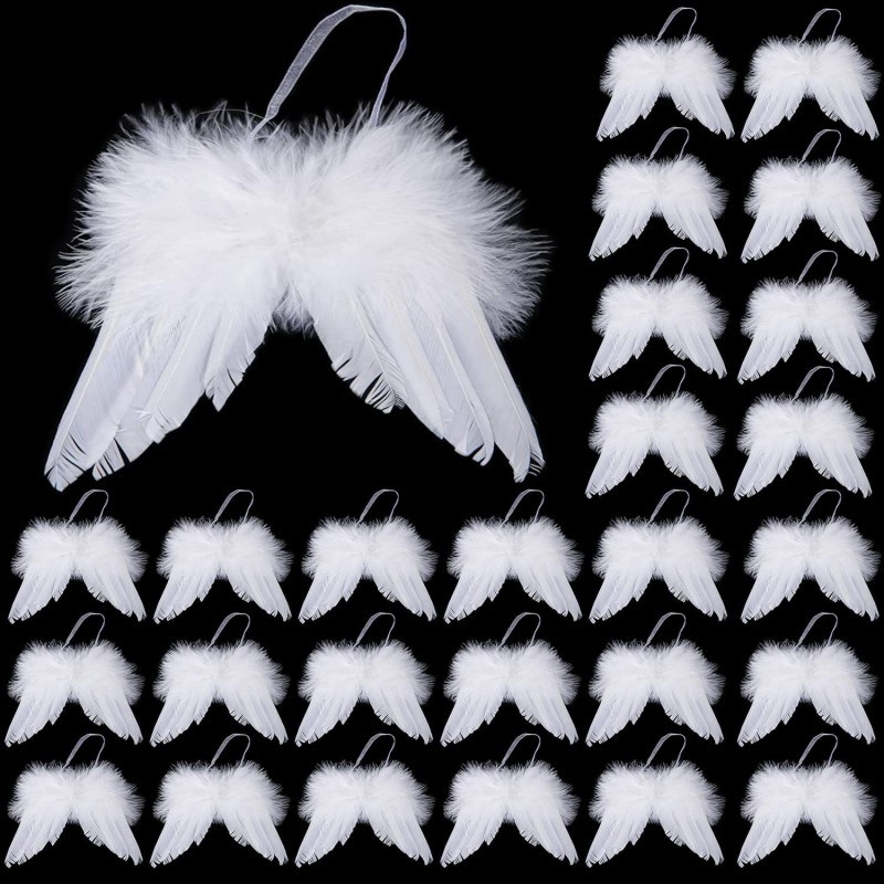 Elegante Branco Autenticidade Pena Pendurado Asas De Anjo Conjunto De Ornamento De Árvore De Natal