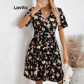 Lovito Vestido elegante com padrão floral e cinto para mulheres LBL17390
