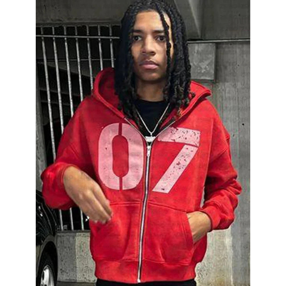 Numeral 7 Impresso Com Zíper Hoodie Y2K Roupas Masculinas Rua Moda