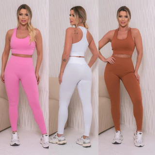 Conjunto Academia Fitness Legging e Top Cintura Alta Estampas Variadas Moda Fitness Yoga