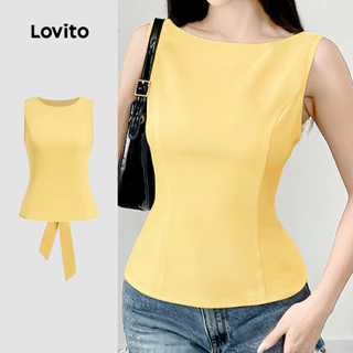 (New) Lovito Blusa Casual com Amarração Nas Costas Primavera/verão Amarela para Mulheres L142ED274