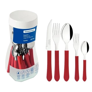 Jogo Talheres Tramontina Lâmina Aço Inox 20 Peças Garfo Mesa Faca Serra Carne Colher Mesa Vermelho