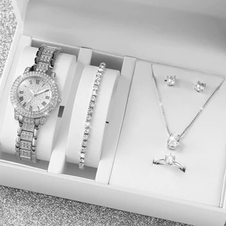 Relógio Diamante Moda Senhoras Moda Diamante Faixa de Prata Faixa de Aço Quartzo + Conjunto de Jóias Diamante