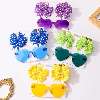 Conjunto De 3pcs/Set Sweet Printing Bows Hair Clips E Óculos De Sol Para Meninas Acessórios De Cabelo Artesanais