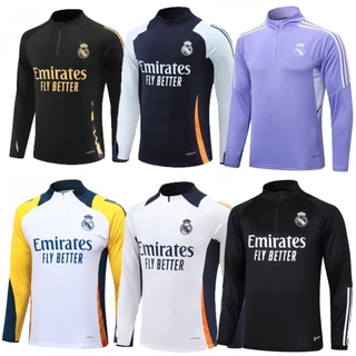 2024 2025 Real Madrid Camisa De Manga Comprida Kit Uniforme De Treinamento De Futebol Com Meio Zíper DCPW