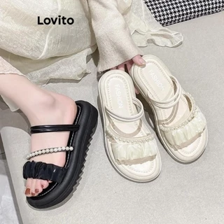 Lovito Sandália plana casual com pérolas lisas, leve e confortável para mulheres LFA43586