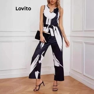 Lovito Macacão feminino casual patchwork Padrão com amarração LNL75245