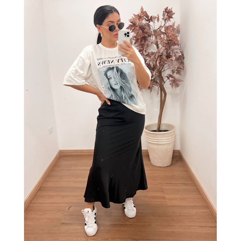 Saia Longa Cetim Midi Solta Cintura Alta Moda Feminina Elegante