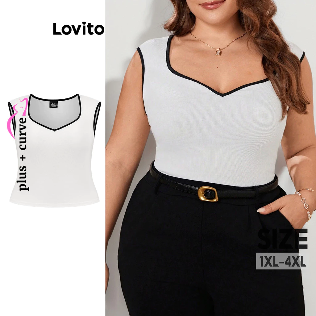 Lovito Plus Size Casual Simples Contraste Binding Regata para Mulheres LBL16460