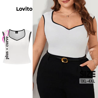 Lovito Plus Size Casual Simples Contraste Binding Regata para Mulheres LBL16460