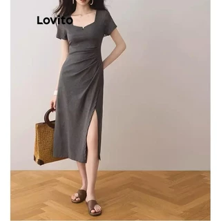Lovito Vestido casual liso plissado com frente dividida para mulheres LNE74130