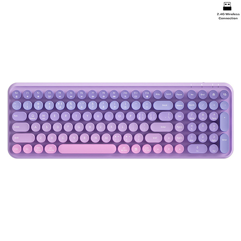 Rosa Roxo Ergonômico 2.4G Teclado Sem Fio 106 Teclas Retro Redondo ...