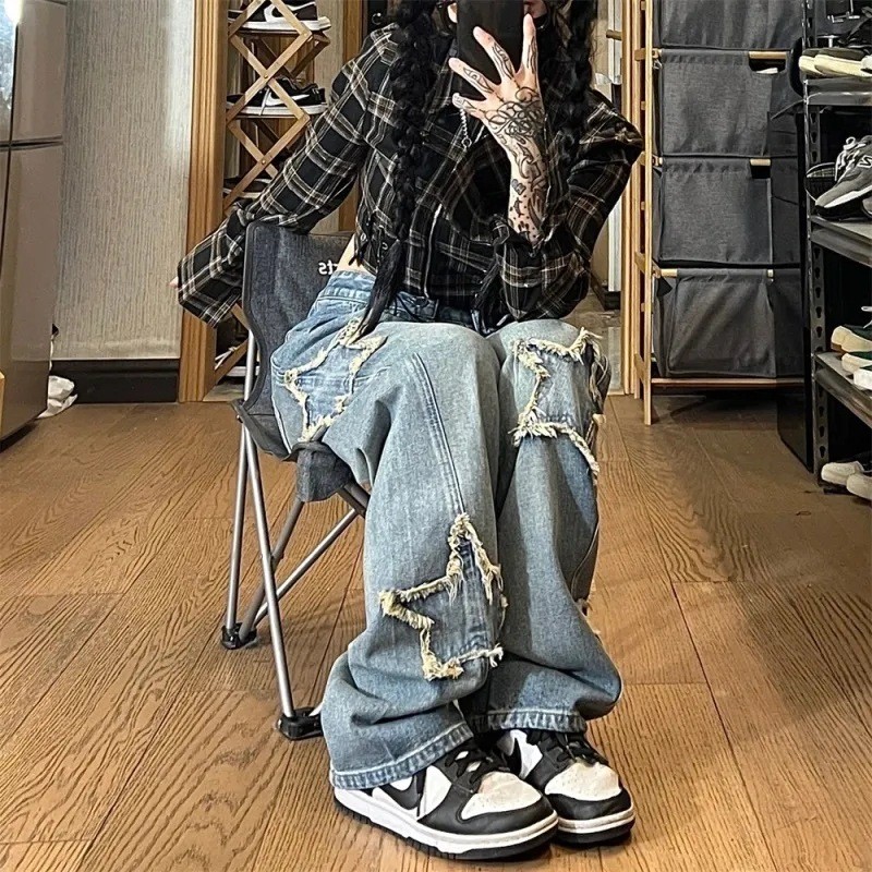 Y2K Vintage Women Korean Streetwear Estética Estrela Calças De Ganga De Perna Larga Grunge Hip Hop