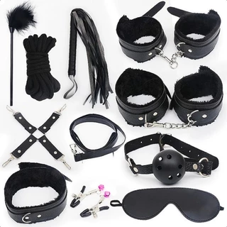 Kit Fetiche Bondage Bdsm 10 Pçs Couro Dominação Submissão Sado Mordaça Algema Chicote Coleira