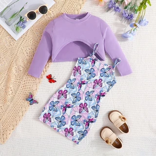 Conjunto Roupa Infantil Menina 2-7 anos Manga Comprida Camiseta Suspensórios Vestidos Estampa de borboleta fofa de desenho animado Para Crianças