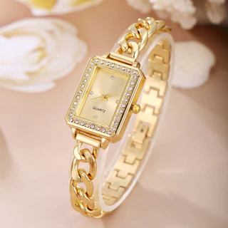 Relógio de pulso feminino Elegante Ponteiro Retangular de Quartzo Relógio de Luxo Rhinestone Simulação Pulseira Pulseira de Manga
