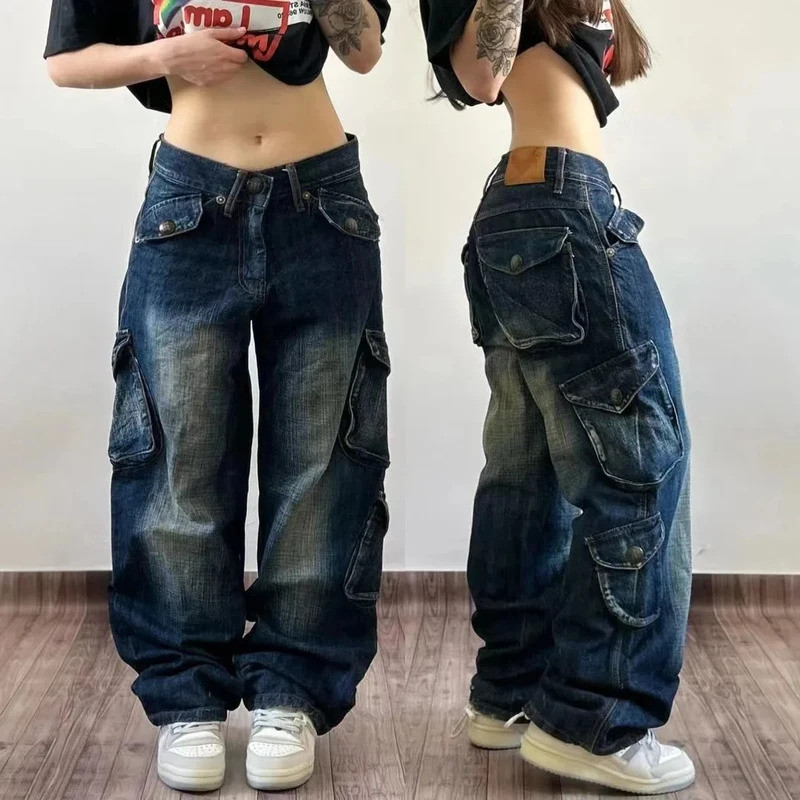 Y2K New PROTECT Jeans Carta Bordado Lavado Azul Jeans Baggy Homens