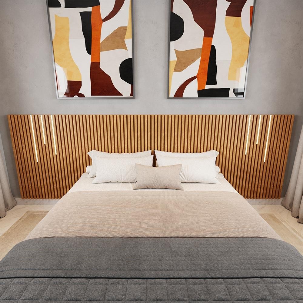 Cabeceira Para Cama Casal e Queen Ripada Quarto Manila e LED