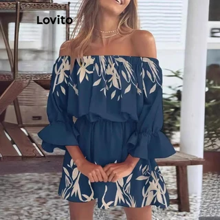 Lovito Vestido casual tropical com babados e ombros frios para mulheres LNL75076