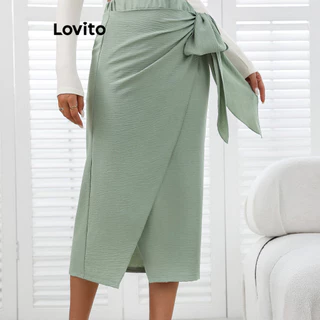 Lovito Saia Boho Plain Assimétrica Lace Up para Mulheres LBL16799