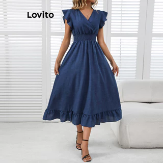 Lovito Vestido Boho Plain Ruffle Jacquard para mulheres LBL16802