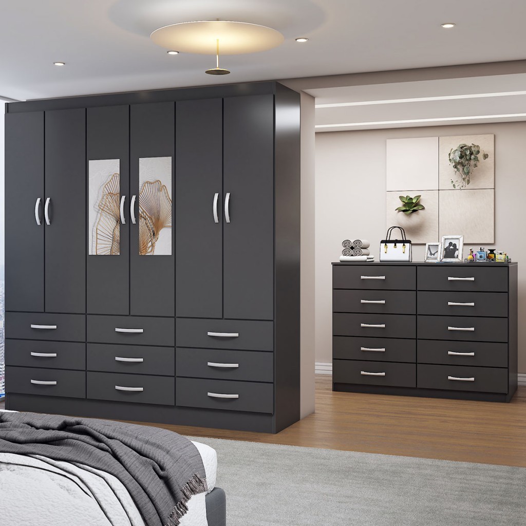 Guarda-Roupa Casal Ava 6 Portas 9 Gavetas e Espelho com Cômoda 10 Gavetas
