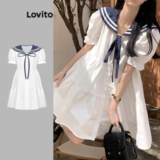 Lovito Vestido casual patchwork drapeado com babados em cascata e fita contrastante para mulheres L102AD295