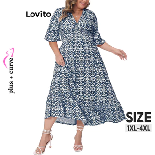 Lovito Vestido Plus Size Curvo Casual Tribal Estampado Padrão para Mulheres LNL79281