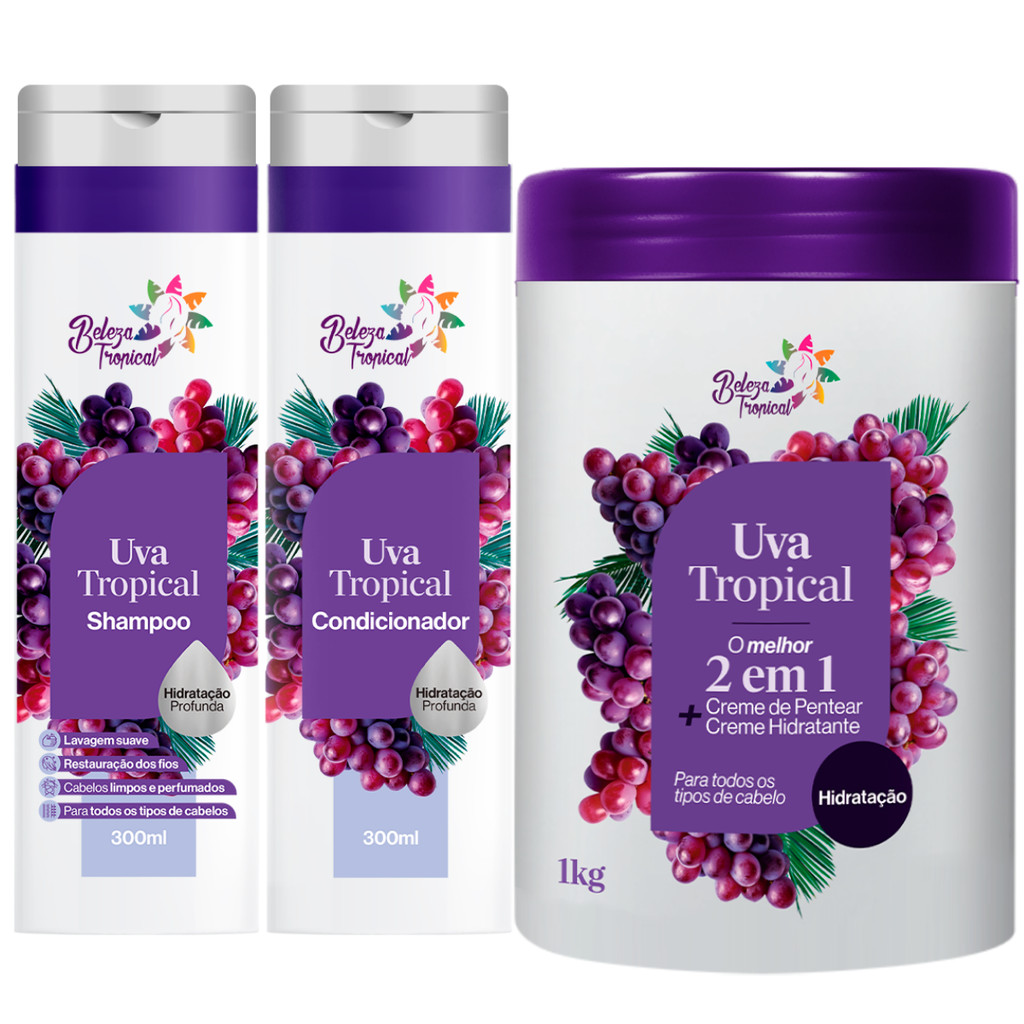 Kit Beleza Tropical Uva Shampoo Condicionador 300ml Creme de Pentear ...