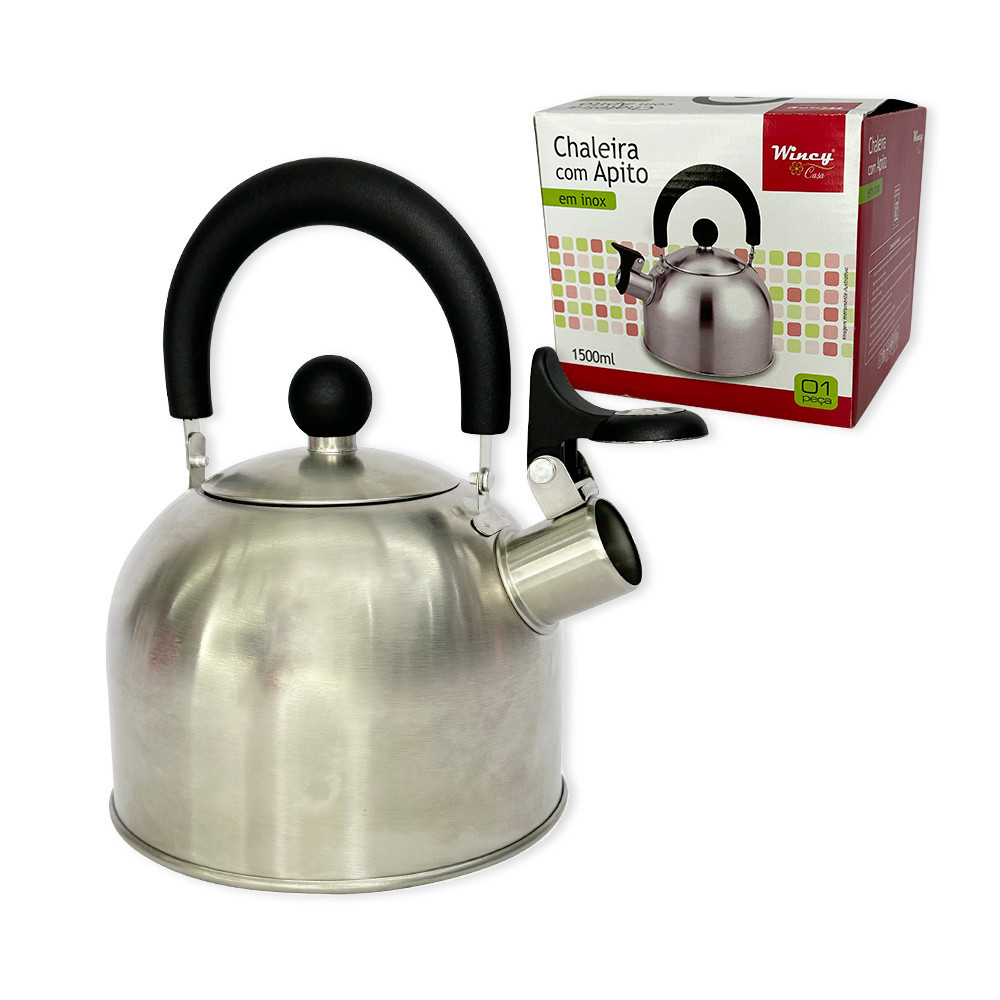 Chaleira Inox 1,5 litros com Tampa e Apito Inox Alça Térmica Chá Café e Bule