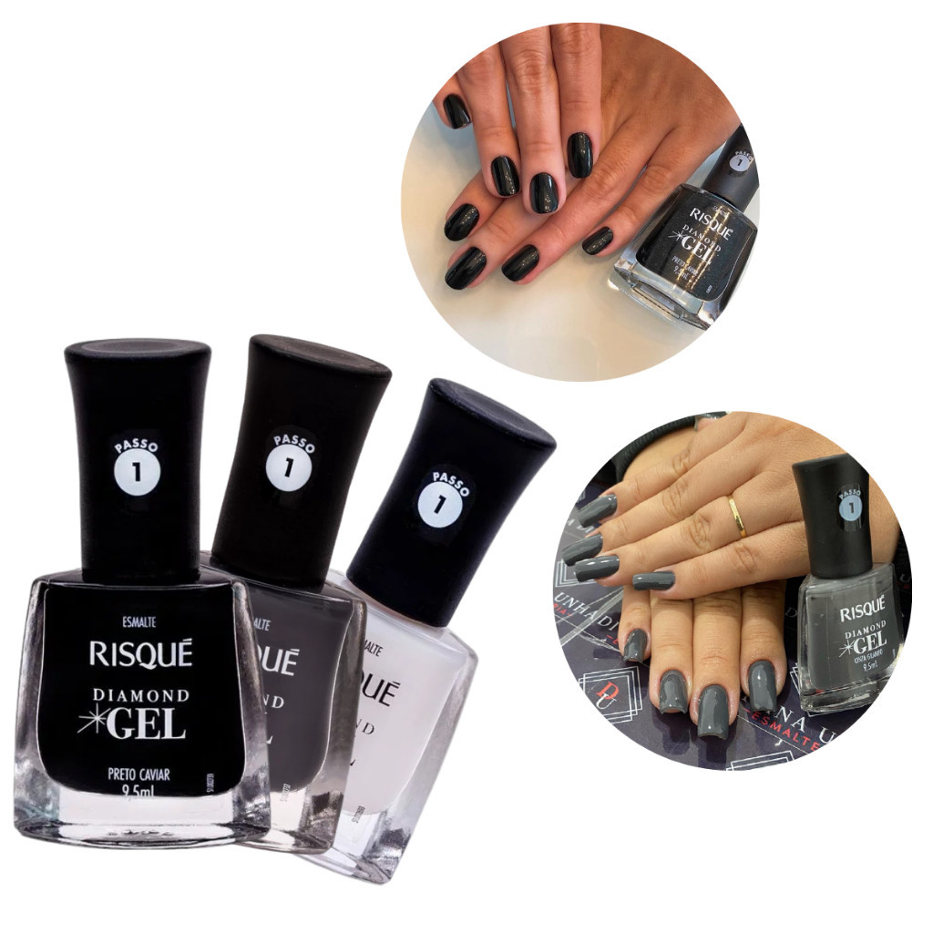 Kit 3 Esmaltes Diamond Gel Risque Chá Branco Preto Cinza NÃO PRECISA DE ...