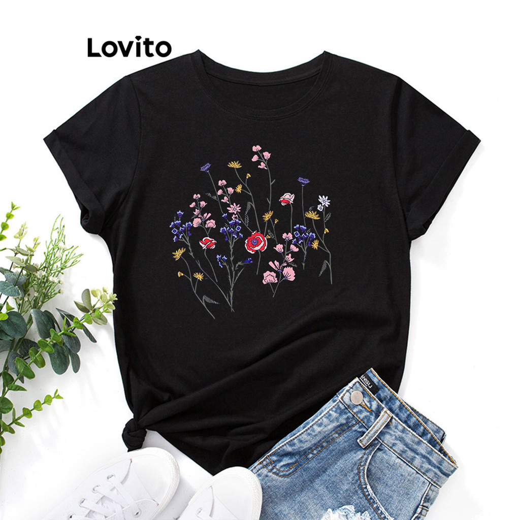 Lovito Camiseta feminina casual com estampa floral LNL74494