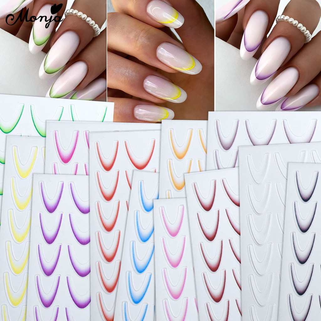 Monja 5D Linha Francesa Autocolantes De Unhas Em Relevo Decalques Coloridos Gradiente Autocolante Decorações De Manicure