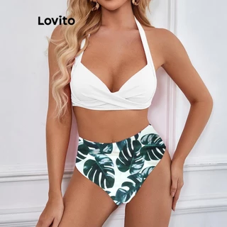 Lovito Conjuntos de biquíni com estampa de plantas sexy com cadarço para mulheres LNL77251
