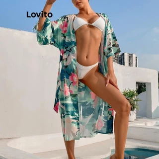 Lovito Quimono sexy tropical com estampa de renda para mulheres LNL77440