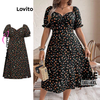 Lovito Vestido plus size curvo romântico ditsy floral franzido para mulheres LBL15164